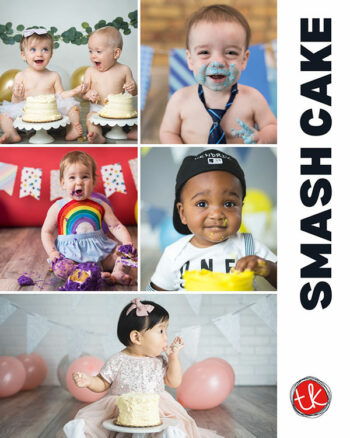 This image showcases a vibrant advertisement for smash cake photography sessions, perfect for celebrating a baby's first birthday. It features a delightful collection of babies enjoying colorful cakes, each styled in unique themes, from rainbow outfits to playful decorations. The bold text "SMASH CAKE" on the right-hand side grabs attention, and the TK Photography logo adds a professional touch. These sessions highlight a joyful milestone, capturing the messy, fun-filled moments that families in Chicago will cherish forever.