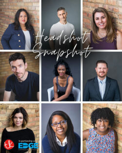 Advertisement for Headshot Snapshots by TK Photography in partnership with Edgewater Chamber of Commerce. Features portraits of individuals with a mix of brick and studio backgrounds. Includes details about 10-minute mini sessions for one person with one digital download included.