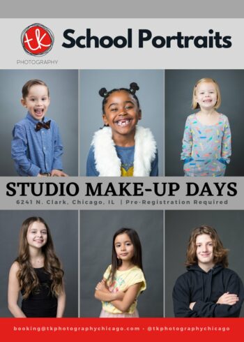 Advertisement for TK Photography's School Photography Portrait Studio Make-Up Days in Chicago, IL. Features a collage of professionally photographed children with various expressions against a studio backdrop. Includes details: 6241 N. Clark, Chicago, IL, pre-registration required, and contact information.