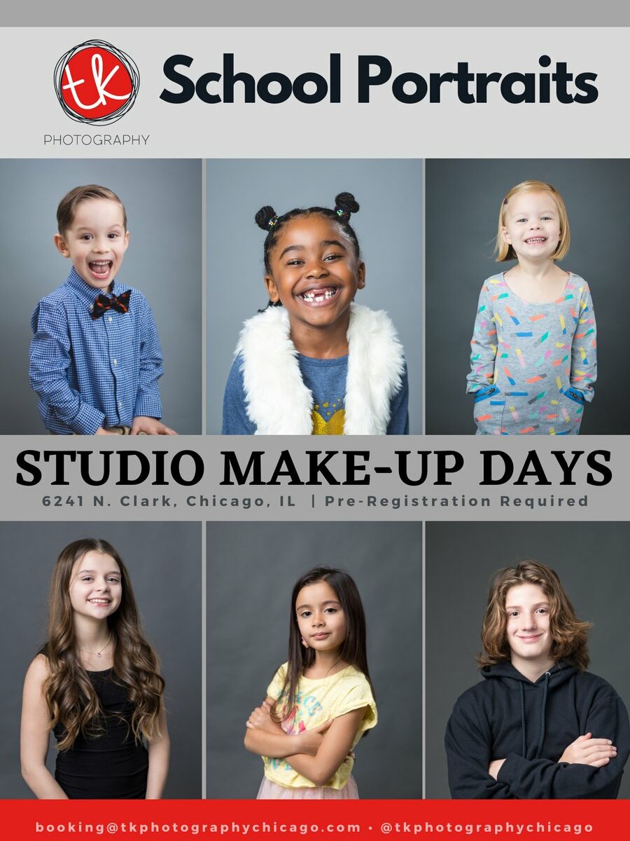 Advertisement for TK Photography's School Photography Portrait Studio Make-Up Days in Chicago, IL. Features a collage of professionally photographed children with various expressions against a studio backdrop. Includes details: 6241 N. Clark, Chicago, IL, pre-registration required, and contact information.